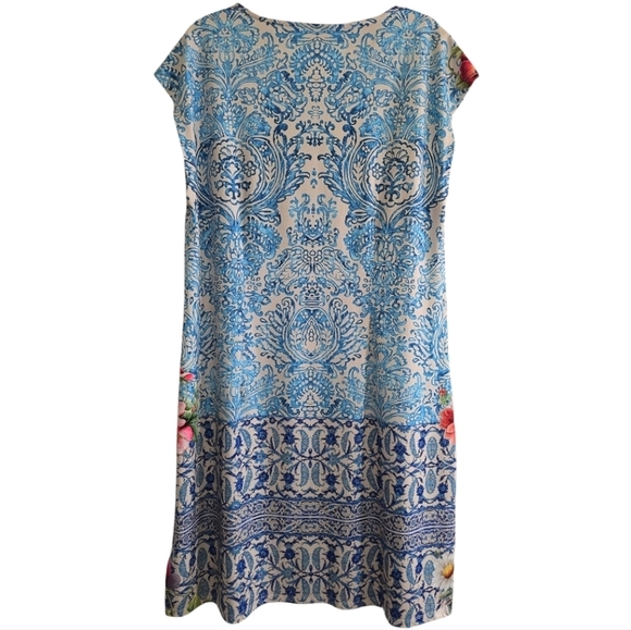 Johnny Was Blue and White Mini Dress Damask Print With Tropical Flowers Small - Picture 5 of 6